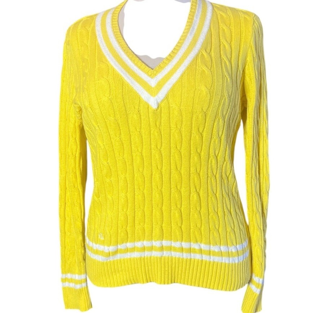 Lauren Ralph Lauren Womens Yellow Cable Knit V-Neck Varsity Stripe Sweater L